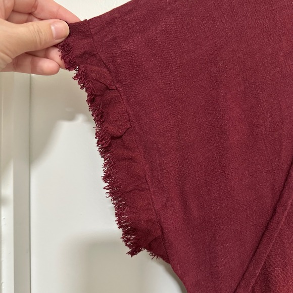 UMGEE | Burgundy Linen Blend Fringe Casual Short Sleeve Boho Tunic Top, Size M - Picture 6 of 8